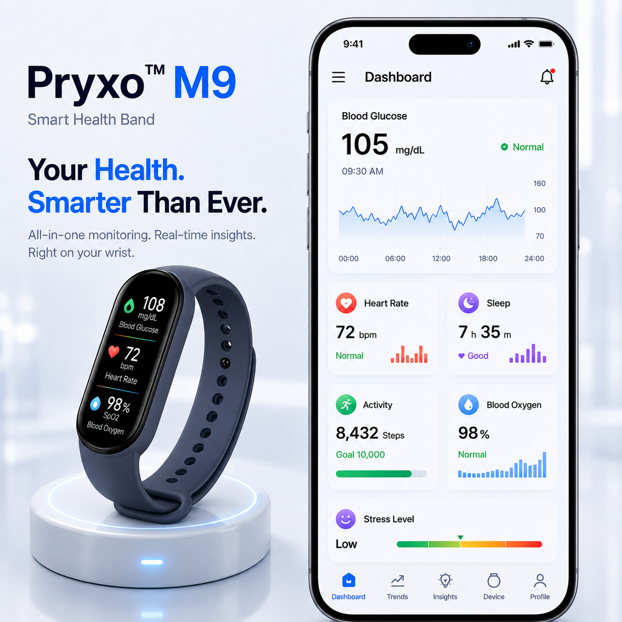 ⚡ Final 1 Hours Launch Offer 🏆 2026 Pryxo™ M9 Non-Invasive Smart Band 📈12 health reports - No-Prick