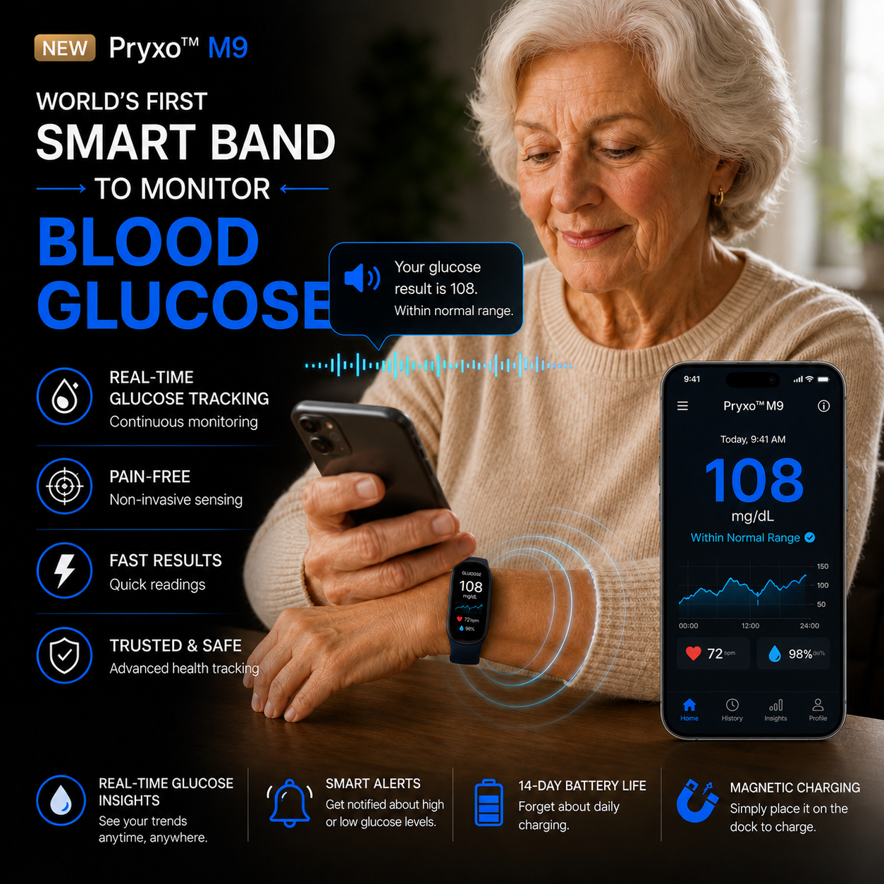 ⚡ Final 1 Hours Launch Offer 🏆 2026 Pryxo™ M9 Non-Invasive Smart Band 📈12 health reports - No-Prick